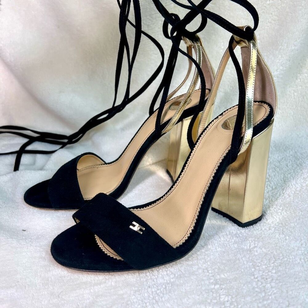 Elisabetta Franchi Womens Black Gold Open Toe Block Heel Sandals Size 36‎